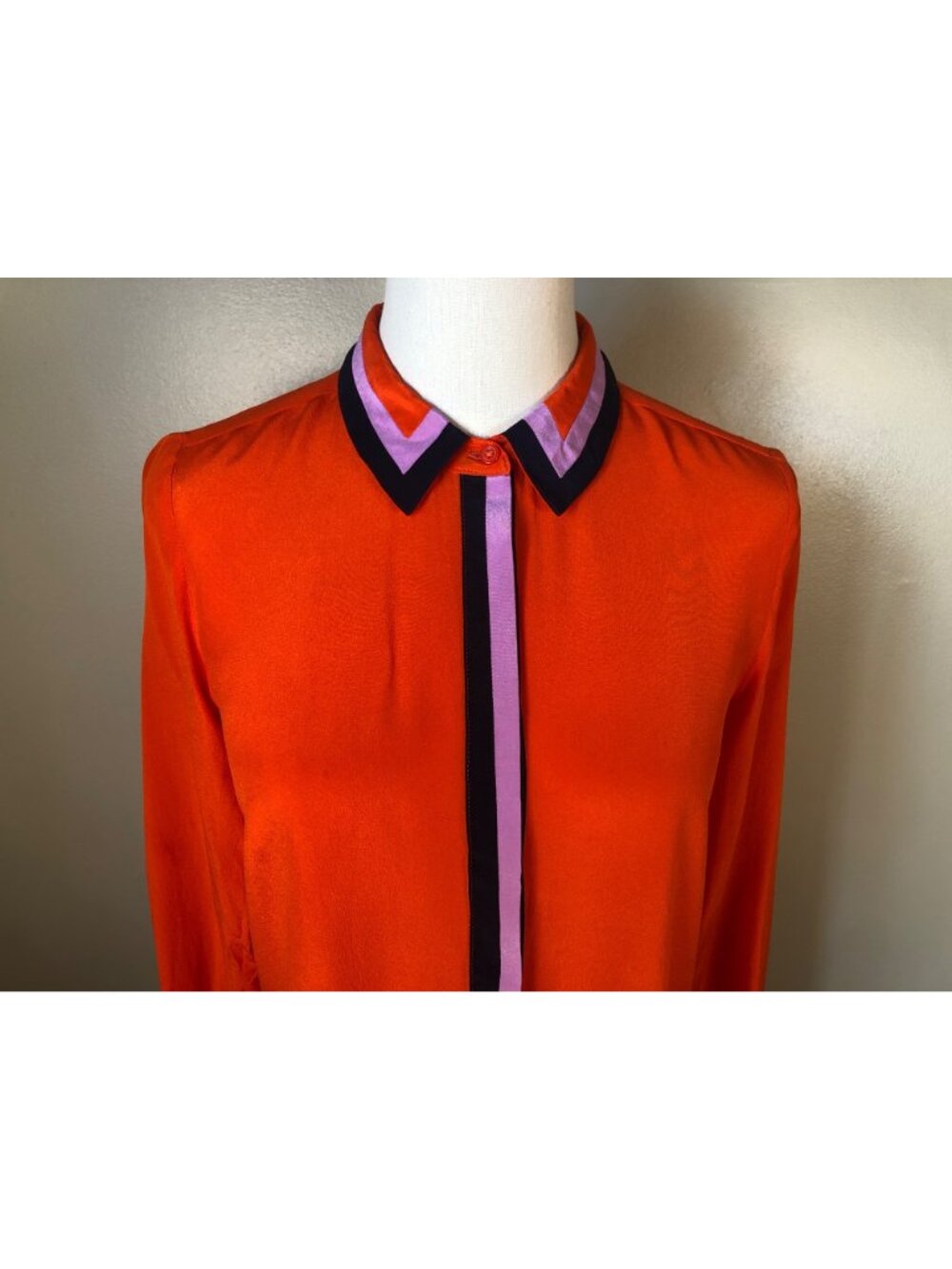Boden 100% Silk Orange Button Down Blouse With Accent Contrast Trim Size 2 Artsy - Picture 2 of 10